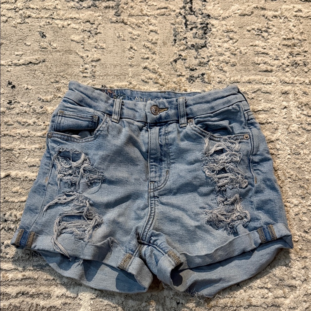 American Eagle Trendy Ripped Blue Jean Shorts for Women
